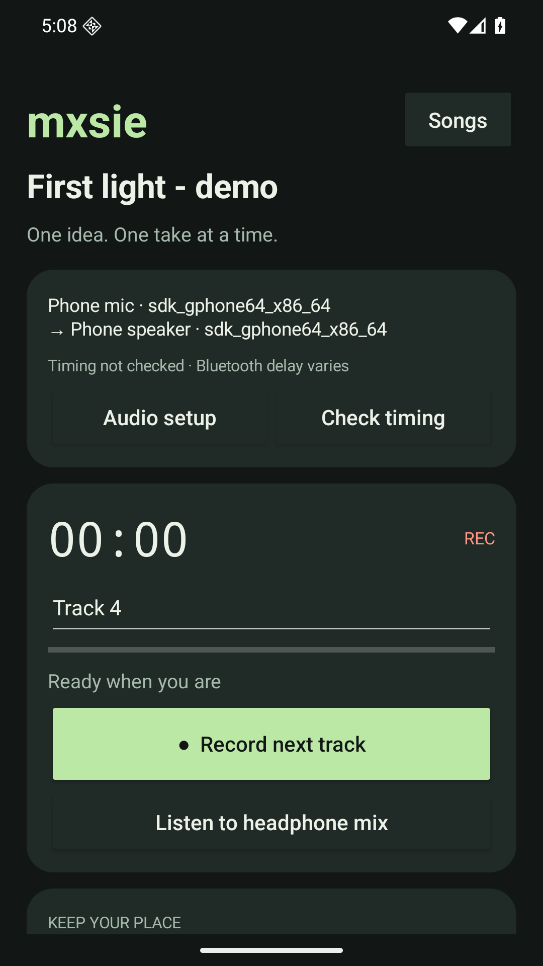 Mxsie's native Android recording screen, with microphone routing, count-in, and Record next track